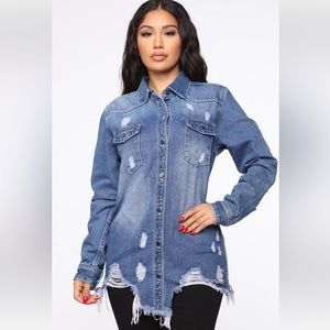 Fashion Nova Never Fray Never Distressed Denim Shirt - Medium Blue Wash